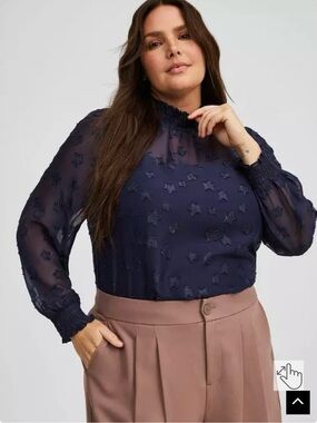torrid Navy Sheer Star Embroidered Blouse with Mock Neck